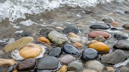 Obraz premium Ocean Wave Crashing on Colorful Smooth Sea Stones Beach Rocks