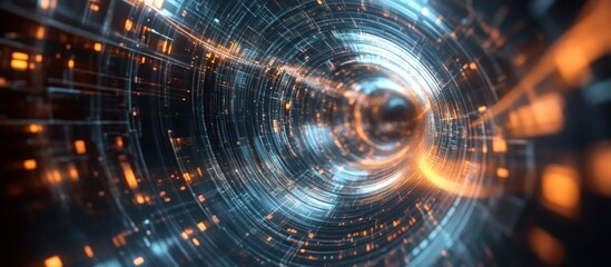 Abstract futuristic tunnel with glowing orange and blue lines.