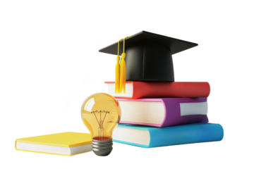 A graduation cap on a stack of colorful books with a lightbulb next to a yellow book on black