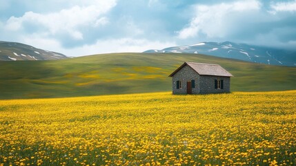 A 4K photo of small house is sitting in a field of yellow flowers.