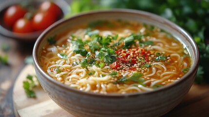 vietnamese pho with fresh herbs lime sriracha rich broth close-up 