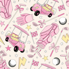 Retro Coquette Pink Girlie Golf equipment vector seamless pattern. Girl Sports Game Season Mom background.