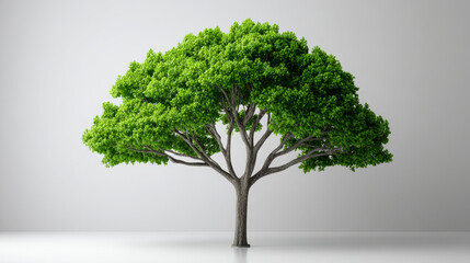 Obraz premium Vibrant green tree with broad canopy and sturdy trunk stands against plain background, symbolizing nature and growth. Its lush foliage creates sense of tranquility and beauty