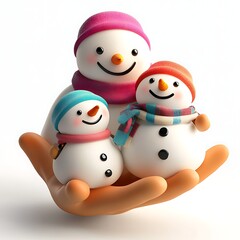 Three happy snowmen held in hand