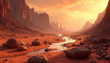 Keuken achterwand Bordeaux Mars landscape illustration with canyon, river. Desert terrain, rocky surface, arid environment. Space exploration, science fiction theme. Planet background for wallpaper.  © miss irine