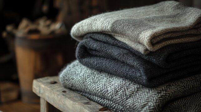 Stacked knitted blankets in muted tones displayed on a rustic wooden surface.