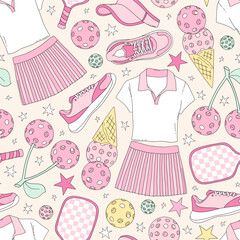 Retro Coquette Pink Girlie Pickleball equipment vector seamless pattern. Girl Sports Game Season Mom background.