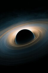 Obraz premium Enigmatic planet surrounded by swirling dust rings on dark backdrop with vibrant colors and minimalist design Generative AI