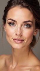 Fototapeta premium Professional studio portrait photograph of a young woman with long brown hair, neutral expression, wearing light top against gray background for fashion, corporate branding, modeling, editorial