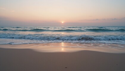 Gentle Waves Reflecting Pastel Sunset Colors on a Tranquil Beach
