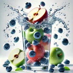Vibrant Splash with Whole Apples and Blueberries in Tall Glass of Water