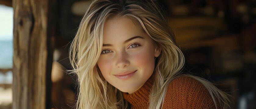 Close-up portrait of a young woman with long, blonde hair, wearing a turtleneck sweater. Soft lighting enhances her features, creating a warm and inviting atmosphere