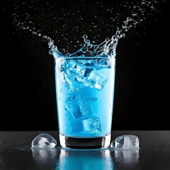 Blue Energy Drink Splash with Ice Cubes on Black Background