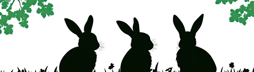 Three rabbits silhouettes in a grassy field with foliage