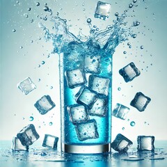 Blue Energy Drink Splash with Ice Cubes in Glass on Cool Background