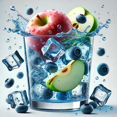 Apple and Blueberry Sparkling Water Splash with Ice Cubes in Glass