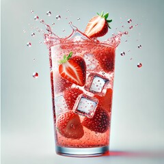 Strawberry Sparkling Drink Splash with Ice Cubes in Tall Glass