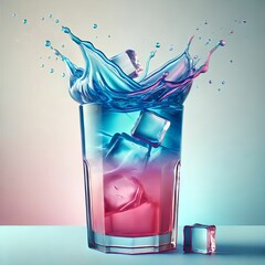 Orange Soda Splash with Ice Cubes in Glass on Light Background