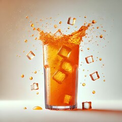 Orange Soda Splash with Ice Cubes in Glass on Light Background