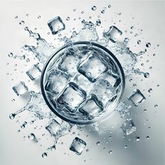 Ice Cubes Splashing in Water from Top View with Dynamic Motion