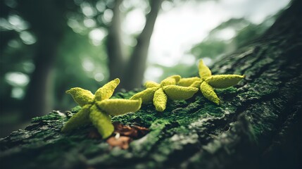 field of star-shaped spores growing beneath cracked bark