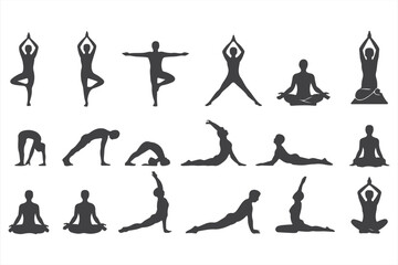 Yoga Pose Collection in Silhouette: Asanas, Stretching, and Meditation