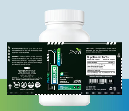 Modern fitness supplement packaging label for gym bodybuilding capsules with tech-inspired visuals, ideal for gym nutrition, energy, and athletes boosters.