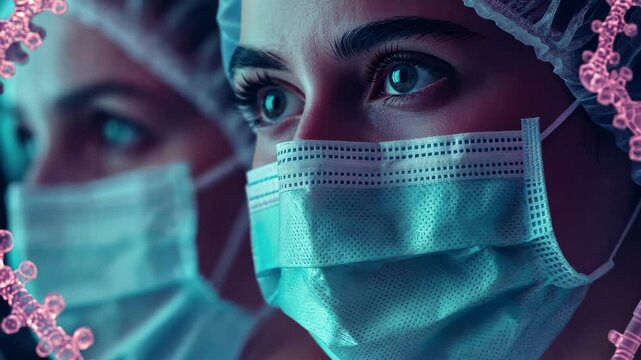 Surgeon analyzing DNA data in a modern medical facility during a research session, data processing and dna strand over diverse surgeons wearing face masks - Powered by Adobe