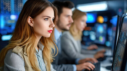 In modern office environment, team of analysts is focused their computer screens, reviewing data and information. atmosphere is intense and collaborative, showcasing teamwork high tech setting