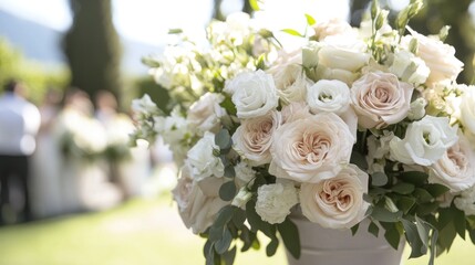 Elegant blush and white rose wedding bouquet.