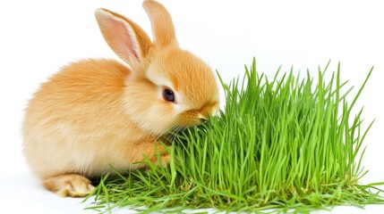 Fototapeta premium Adorable orange bunny rabbit eating fresh green grass on white background.
