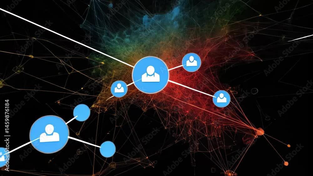 Aufkleber network of colorful connections across a black background depicting intricate relationships and data