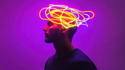 Obraz premium Man's profile with neon light trails above head, suggesting brain activity.