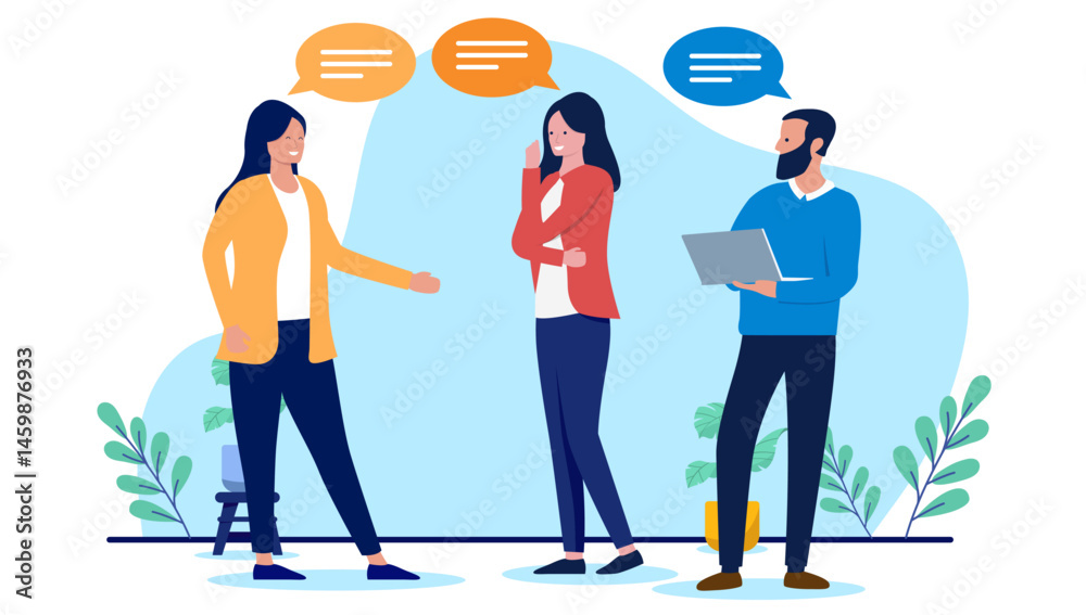 Poster work conversation - businesspeople talking together in office with speech bubbles. flat design vecto