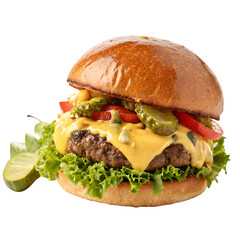 Juicy Cheeseburger with Melted Cheese, Pickles, and Lettuce: Delicious Food Photography on transparent background