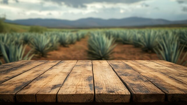 A 4K photo of 4K photo of wooden rustic empty table for placing products against the background of a field with agave plants for the production of tequila.