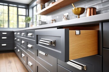Clean chrome handle on modern light gray cabinet in sunlit interior