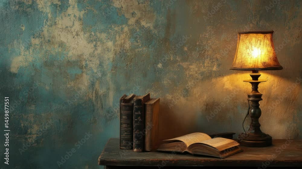 Poster a study desk with a lamp and a book, ideal for writing or studying