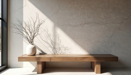 Minimalist interior design concept. Wooden bench, white vase with dried branches against cracked stucco wall. Sunlight creates shadows. Decor, space, tranquility. Modern living space.