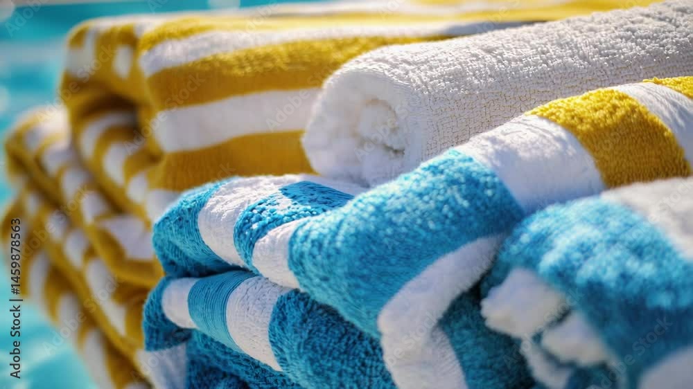 Poster towels stacked near a swimming pool, ready for use