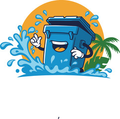 Cheerful Blue Trash Can Cartoon Splashing in Sunny Tropical Scene