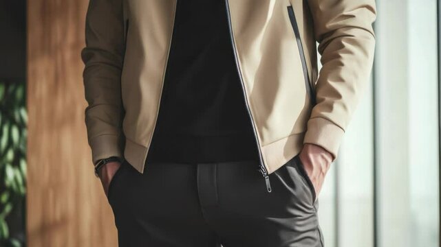 A man dressed in casual attire standing still, possibly waiting or looking around