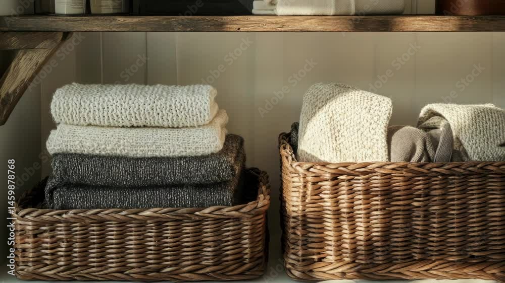 Poster baskets of towels on a shelf