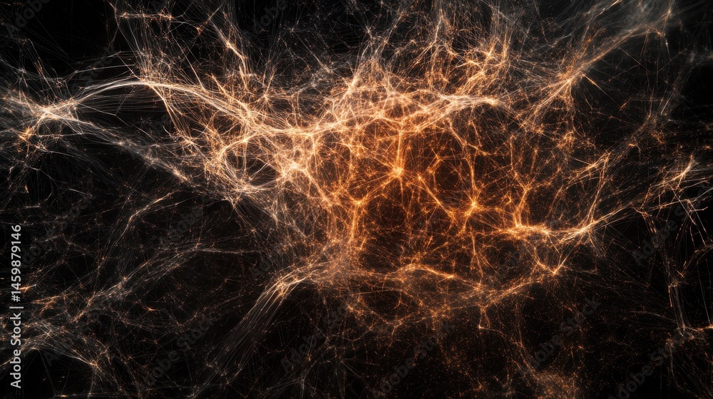 Poster intricate lines and dots creating a glowing abstract network on a dark background, symbolizing conne