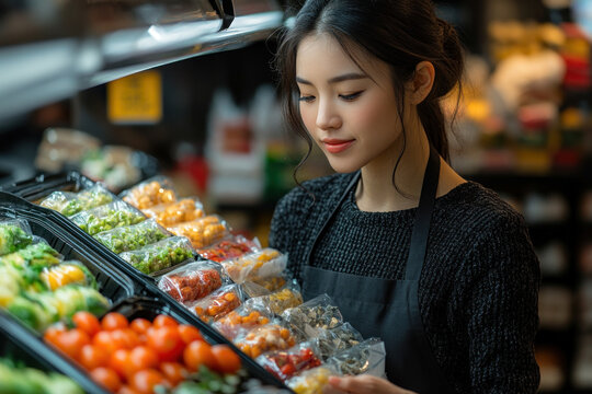 Young woman selecting fresh vegetables in a supermarket produce section