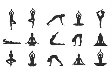 Yoga Pose Collection in Silhouette: Asanas, Stretching, and Meditation