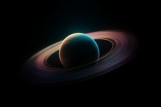 Enigmatic celestial planet surrounded by colorful dust rings spiraling gently in dark starless void with jewel tones and surreal texture Generative AI