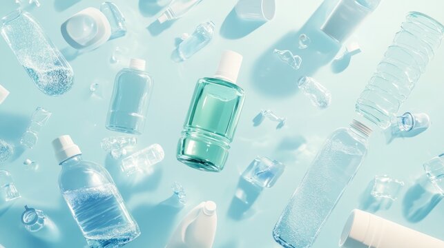 Assorted light blue plastic bottles and containers, likely for oral hygiene or personal care products, arranged in a minimalist aesthetic