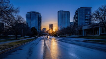 Fototapeta premium Sunrise over city street with modern buildings.