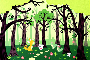 Whimsical forest scene with a yellow creature and butterflies amidst trees and flowers